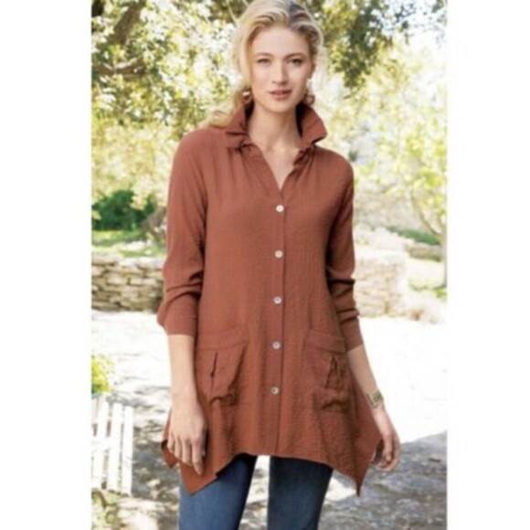 Soft Surroundings Top Womens XS Plein Art Tunic Ruffle Collar Button boho casual - Picture 1 of 9